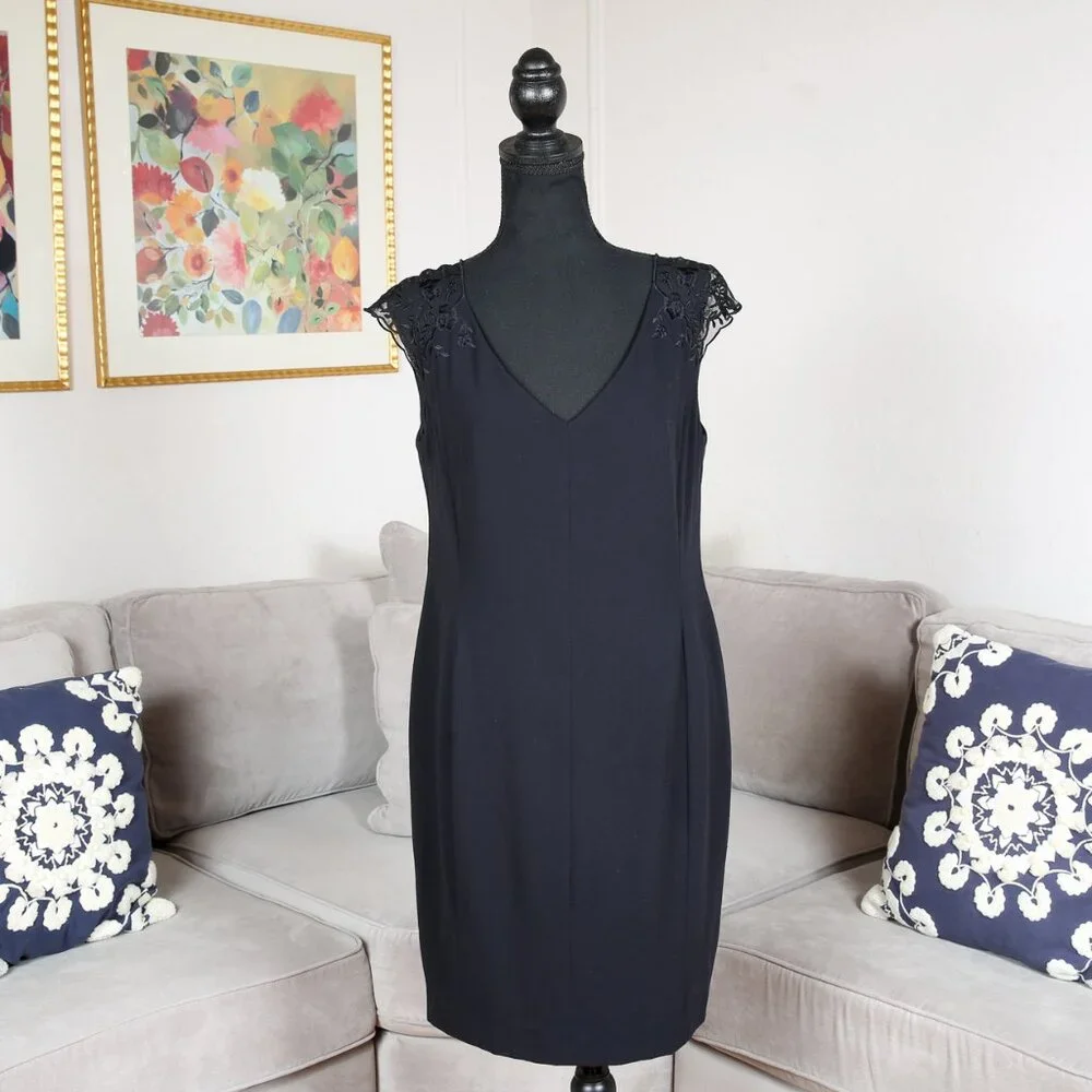 ESCADA Black Wool Blend Sheath Dress with Lace Capped Sleeves